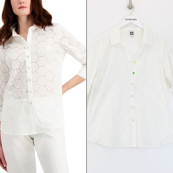 Anne Klein Eyelet Button-Down Shirt - White - Picture 1 of 4